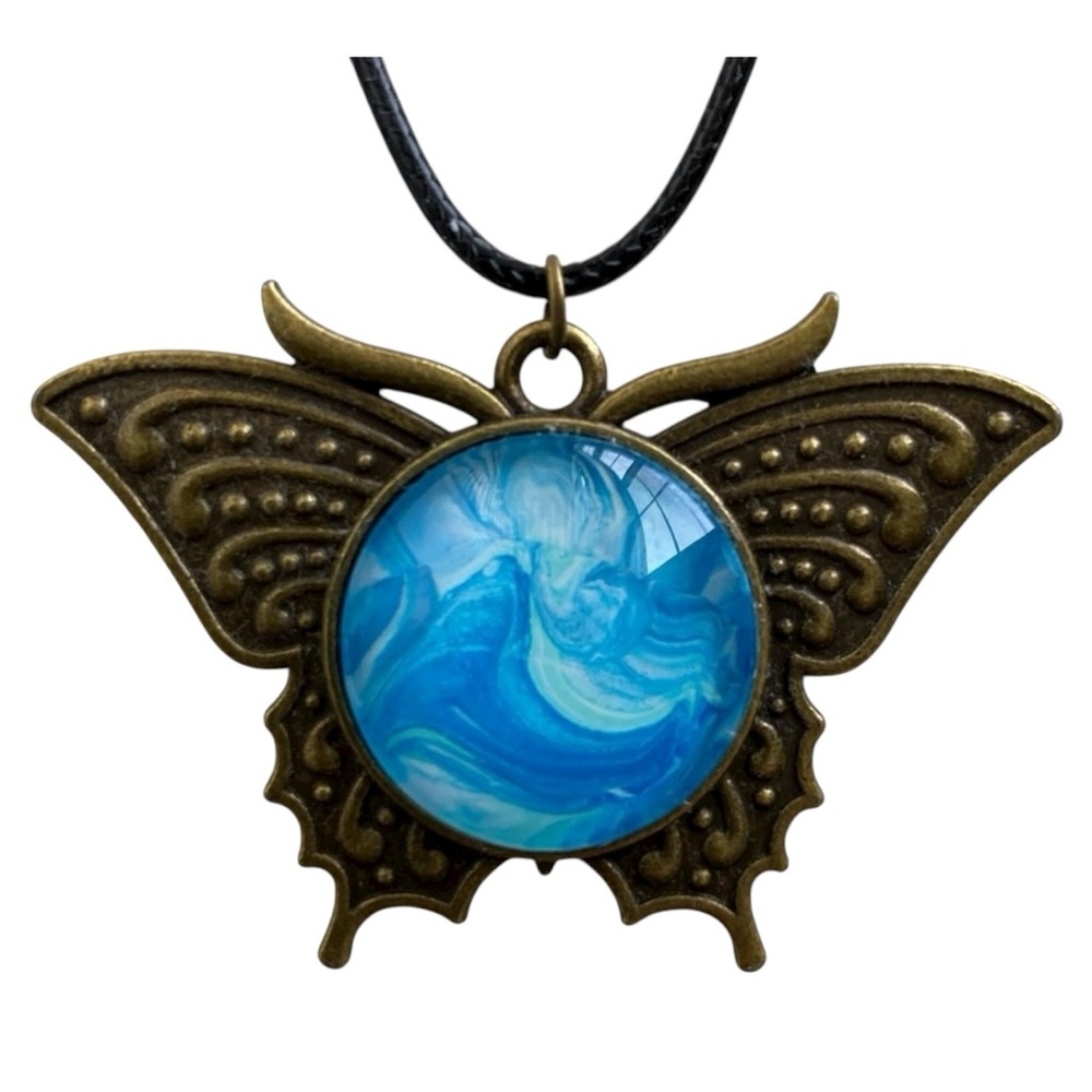 Handmade Blue Fluid Art Butterfly Pendant Necklace Bronze Tone Setting